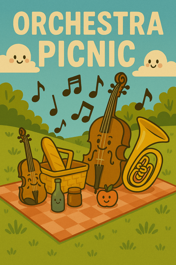 An illustration of personified instruments having a picnic
